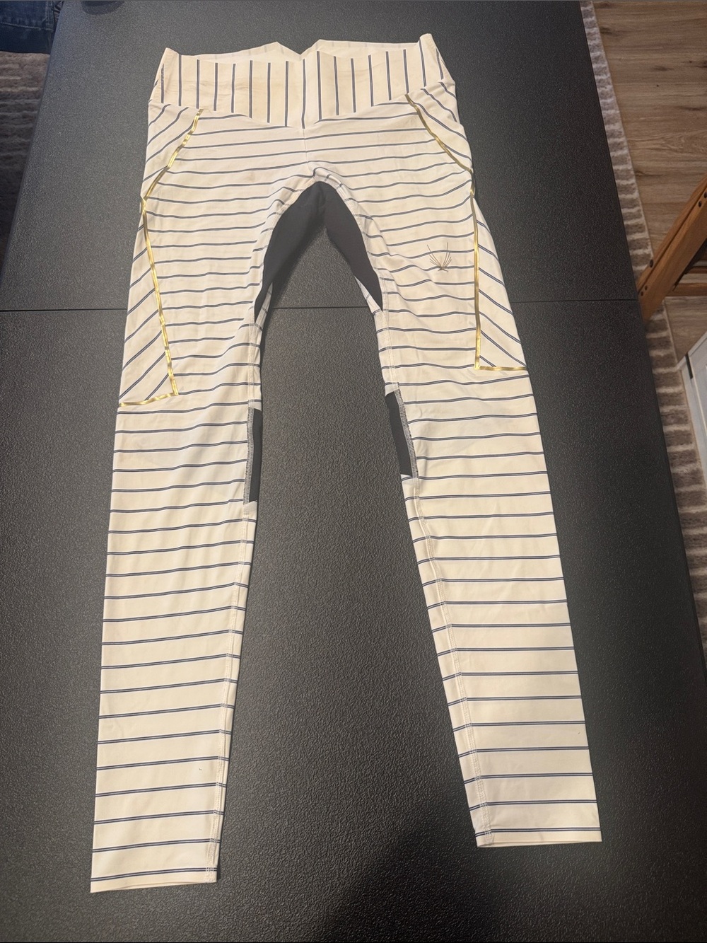 Designer Lucas Hugh Large Striped White & Navy Athletic Leggings & gold Trim